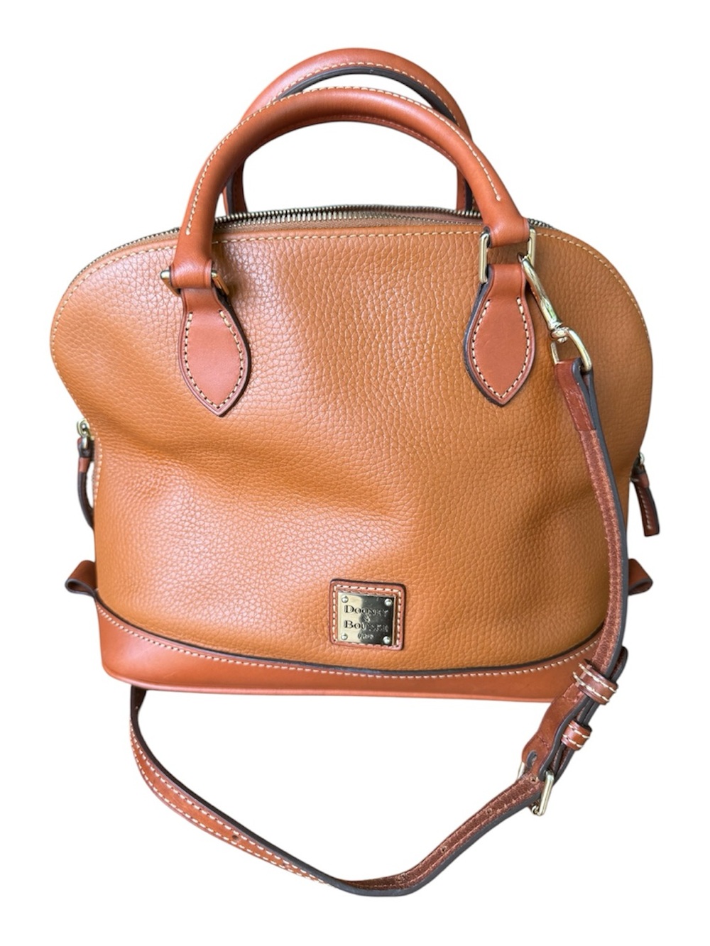 Dooney & Bourke Cognac Pebbled Leather Satchel with Crossbody Strap Dome Zip Zip